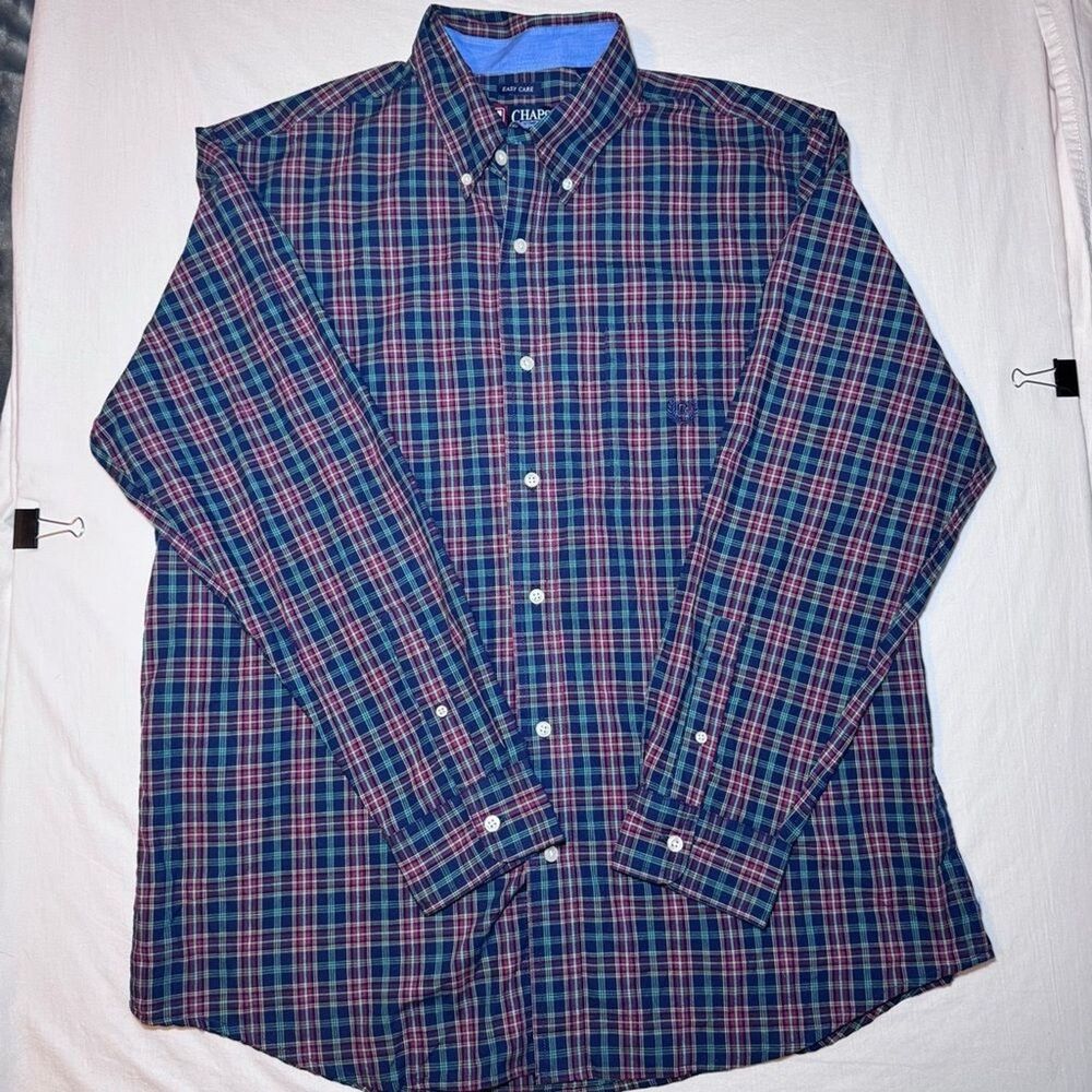 CHAPS Mens XL Easy Care Red Green Blue Plaid Button Down Shirt Long Sleeve